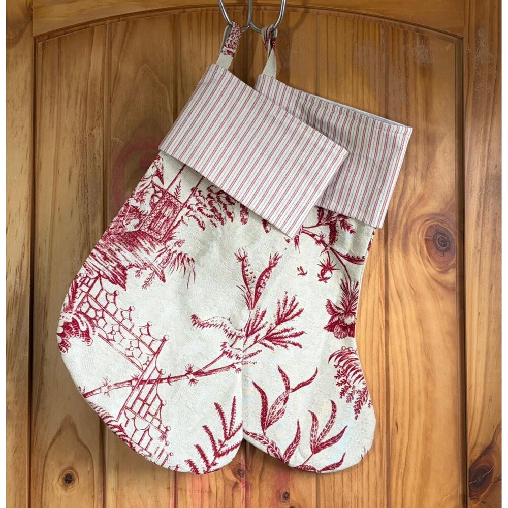 Set of 2 Handmade Christmas Stockings: Vintage Asian Fabric Red and Beige